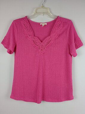 Como Blu Womens M Pink Crochet V Neck Lightweight Short Sleeve Knit Sweater Top